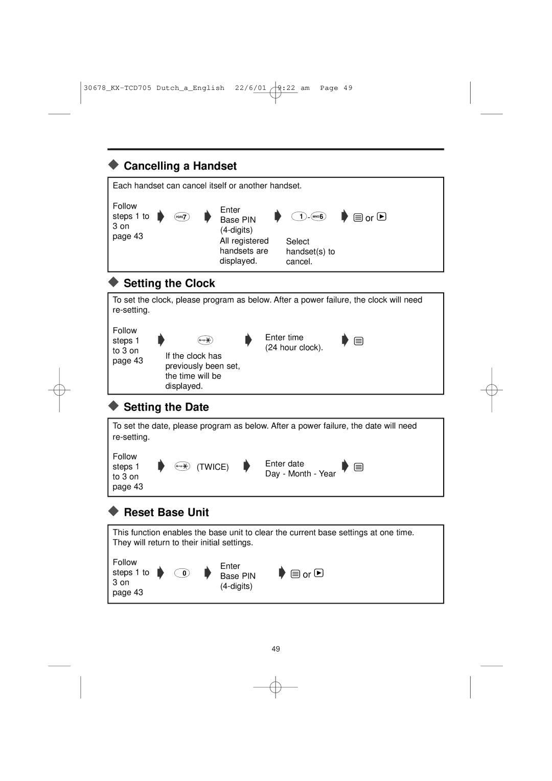 Panasonic KX-TCD705NL operating instructions Cancelling a Handset, Setting the Clock, Setting the Date, Reset Base Unit 