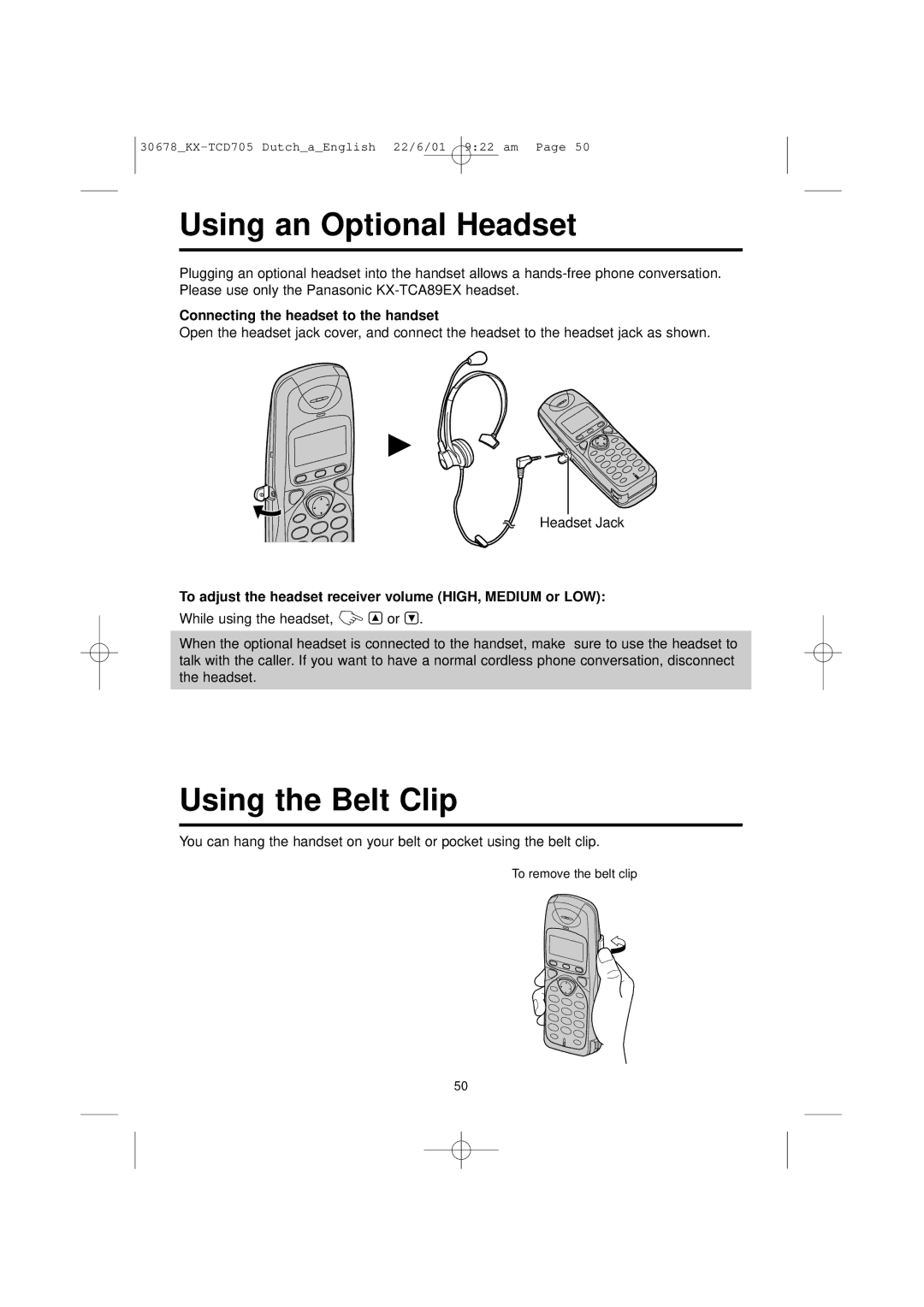 Panasonic KX-TCD705NL Using an Optional Headset, Using the Belt Clip, Connecting the headset to the handset 