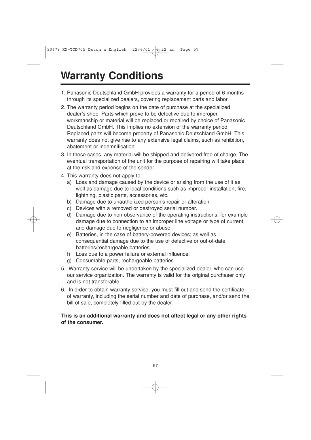 Panasonic KX-TCD705NL operating instructions Warranty Conditions 