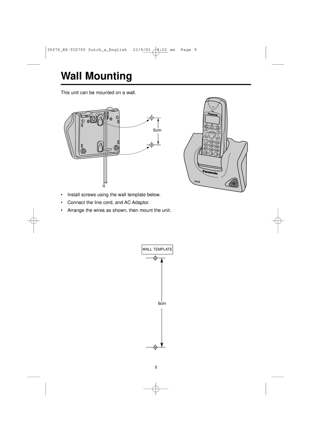 Panasonic KX-TCD705NL operating instructions Wall Mounting 