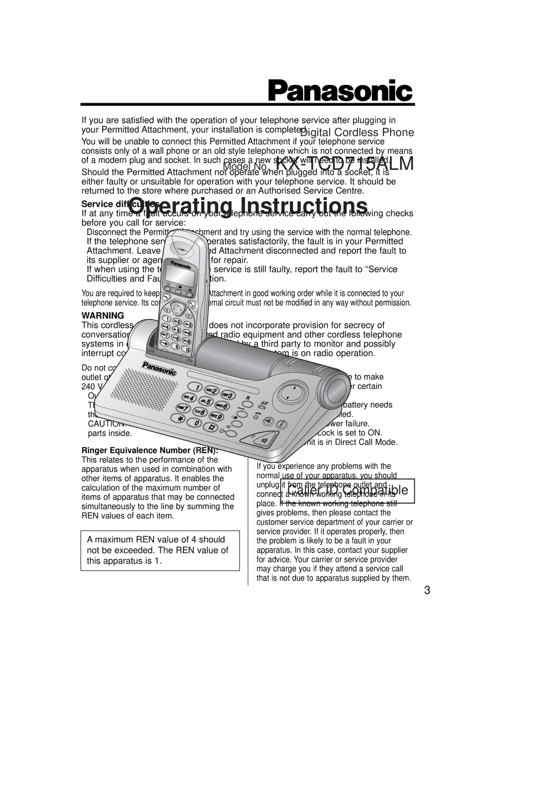 Panasonic KX-TCD715ALM operating instructions Service difficulties, Ringer Equivalence Number REN 