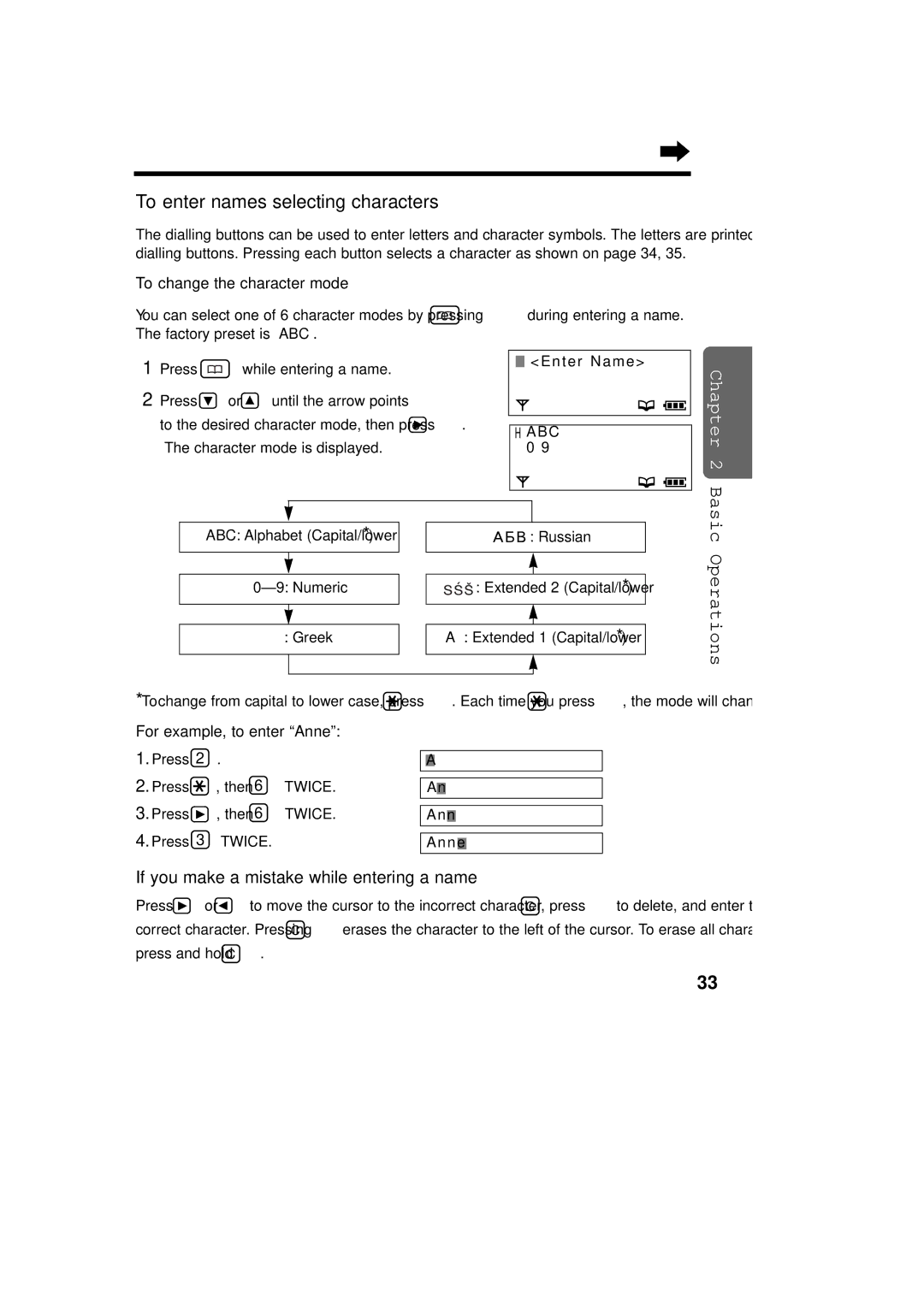 Panasonic KX-TCD715ALM operating instructions If you make a mistake while entering a name, To change the character mode 