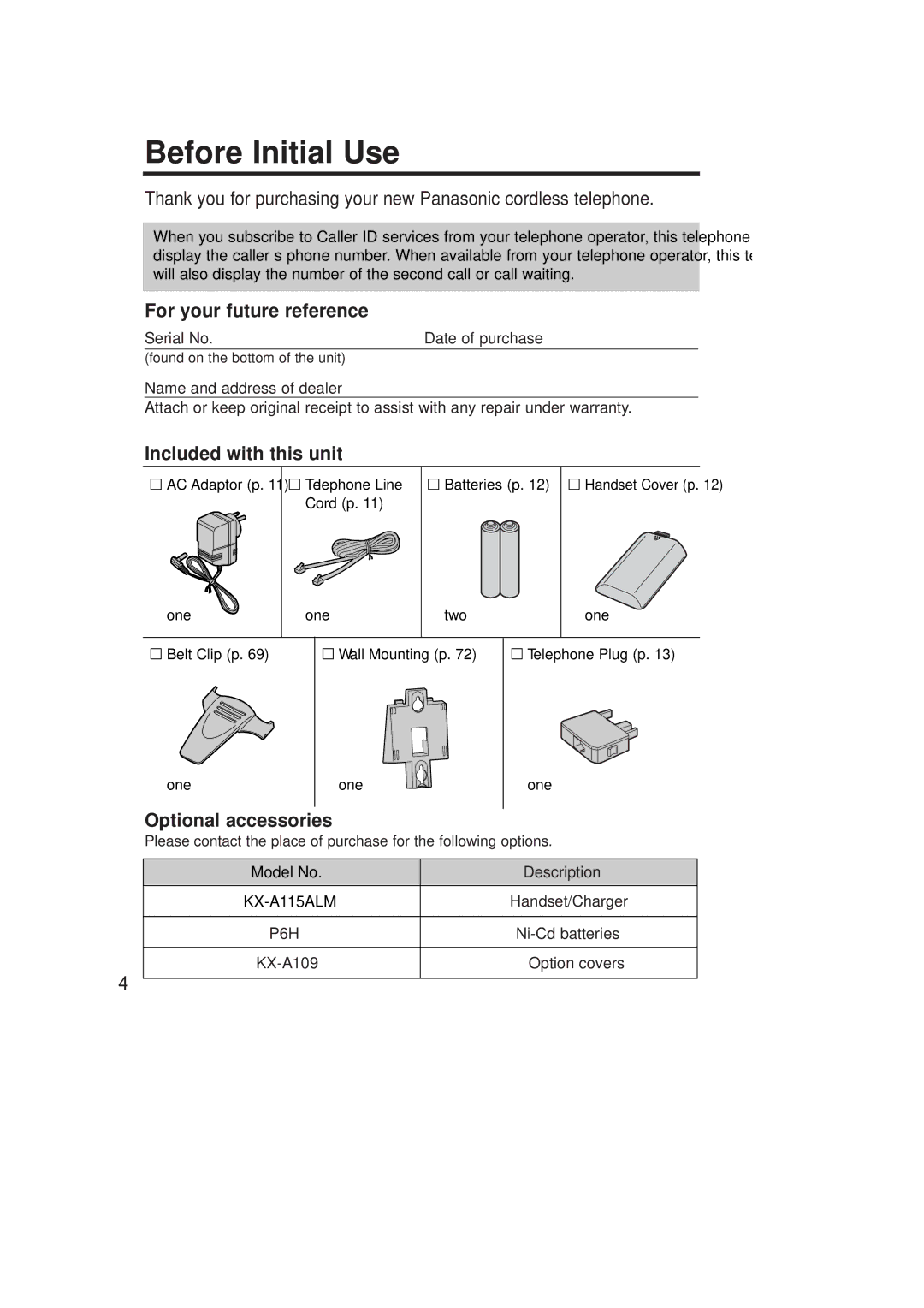 Panasonic KX-TCD715ALM Before Initial Use, AC Adaptor p Telephone Line Batteries p, Model No Description 