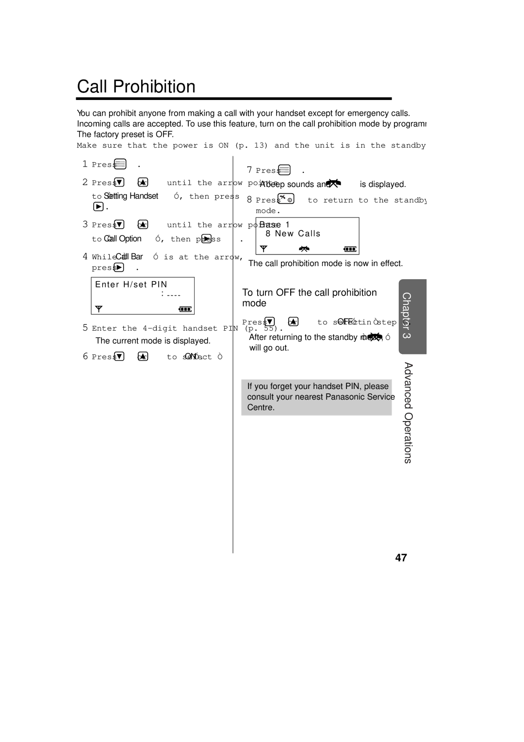 Panasonic KX-TCD715ALM Call Prohibition, To turn OFF the call prohibition mode, To Setting Handset, then press 