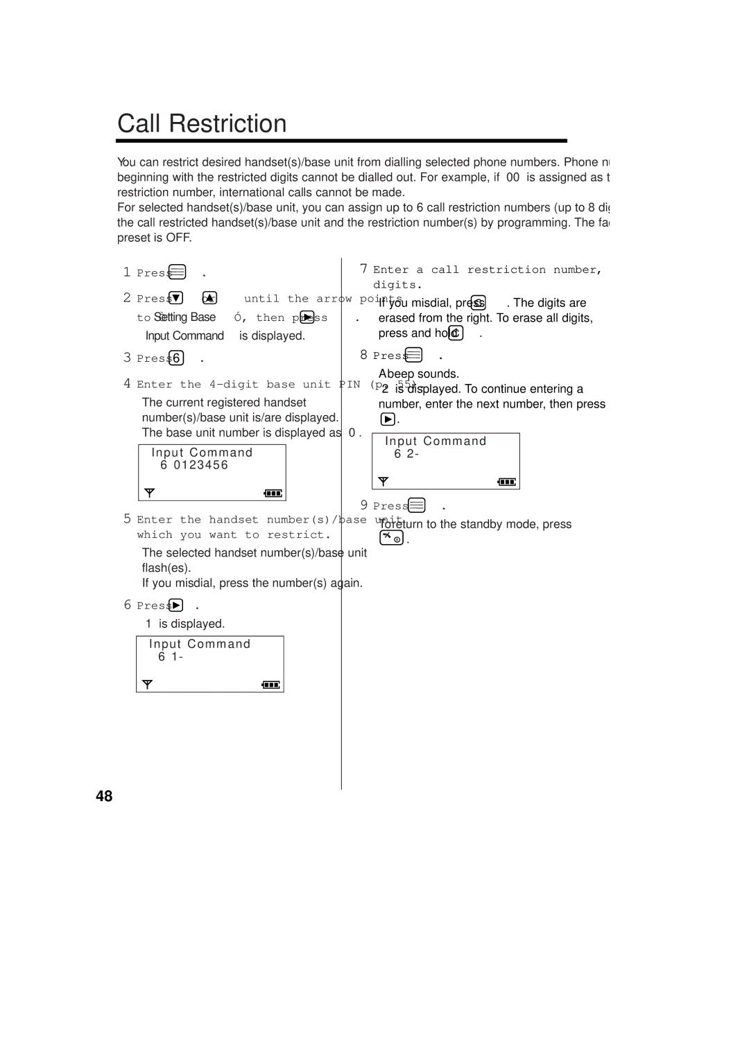 Panasonic KX-TCD715ALM Call Restriction, To Setting Base, then press, Press Enter the 4-digit base unit PIN p 