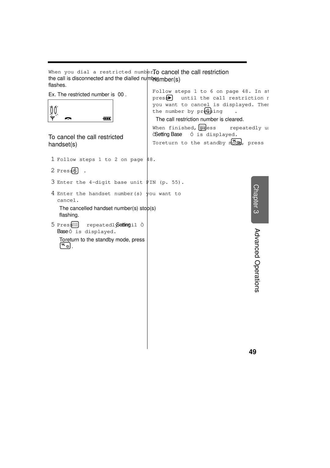 Panasonic KX-TCD715ALM To cancel the call restricted handsets, To cancel the call restriction numbers 