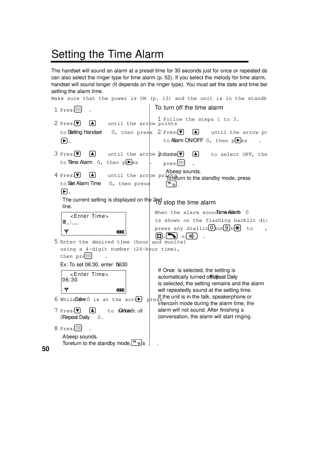 Panasonic KX-TCD715ALM operating instructions Setting the Time Alarm, To turn off the time alarm, To stop the time alarm 