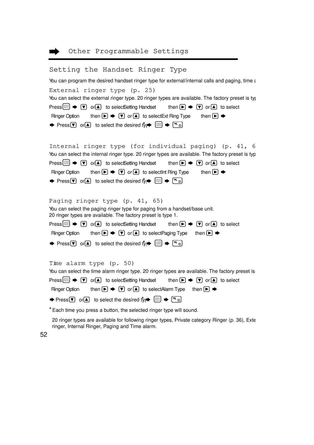 Panasonic KX-TCD715ALM Other Programmable Settings Setting the Handset Ringer Type, External ringer type p 