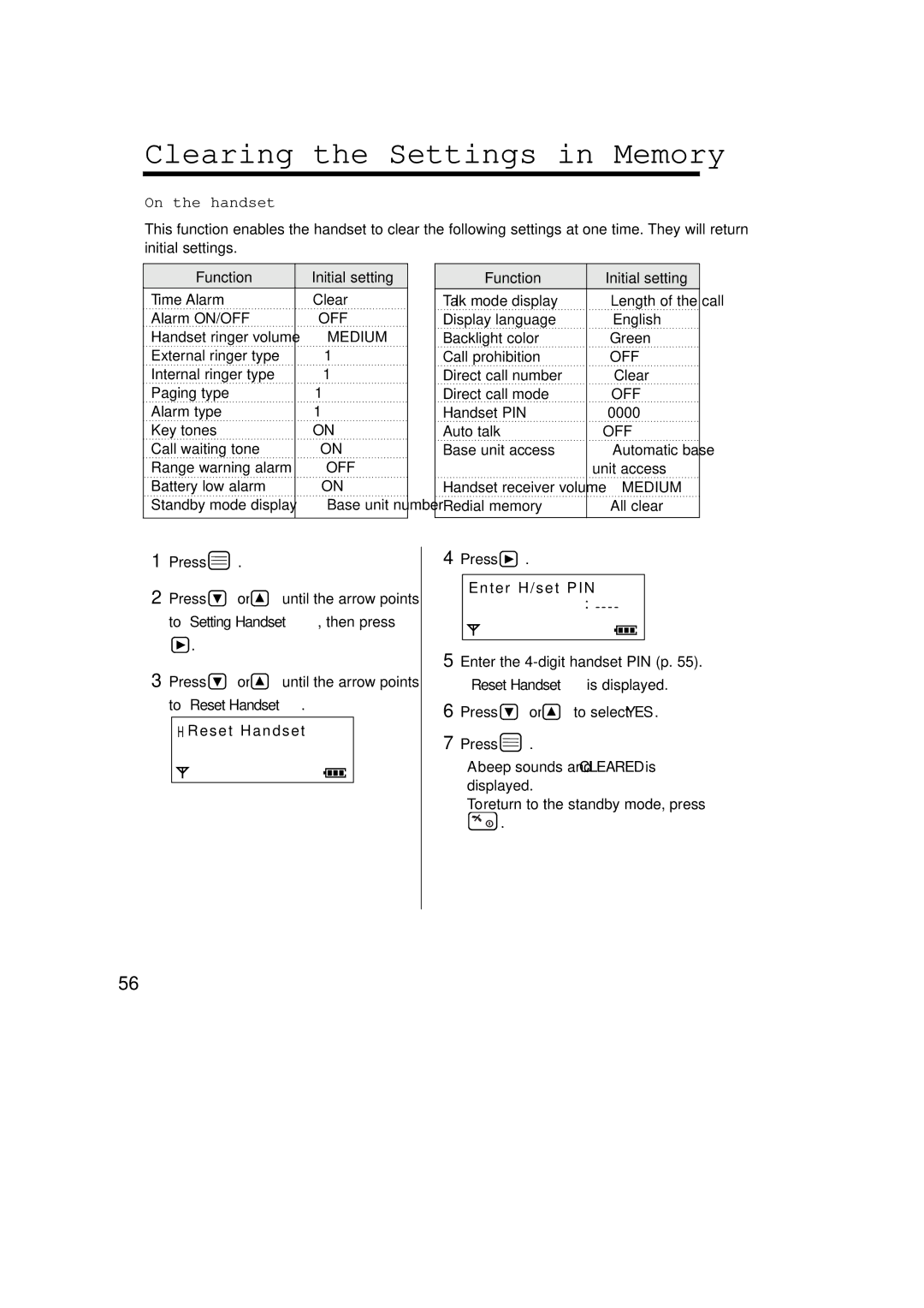 Panasonic KX-TCD715ALM Clearing the Settings in Memory, On the handset, Function Initial setting, Press or to select YES 