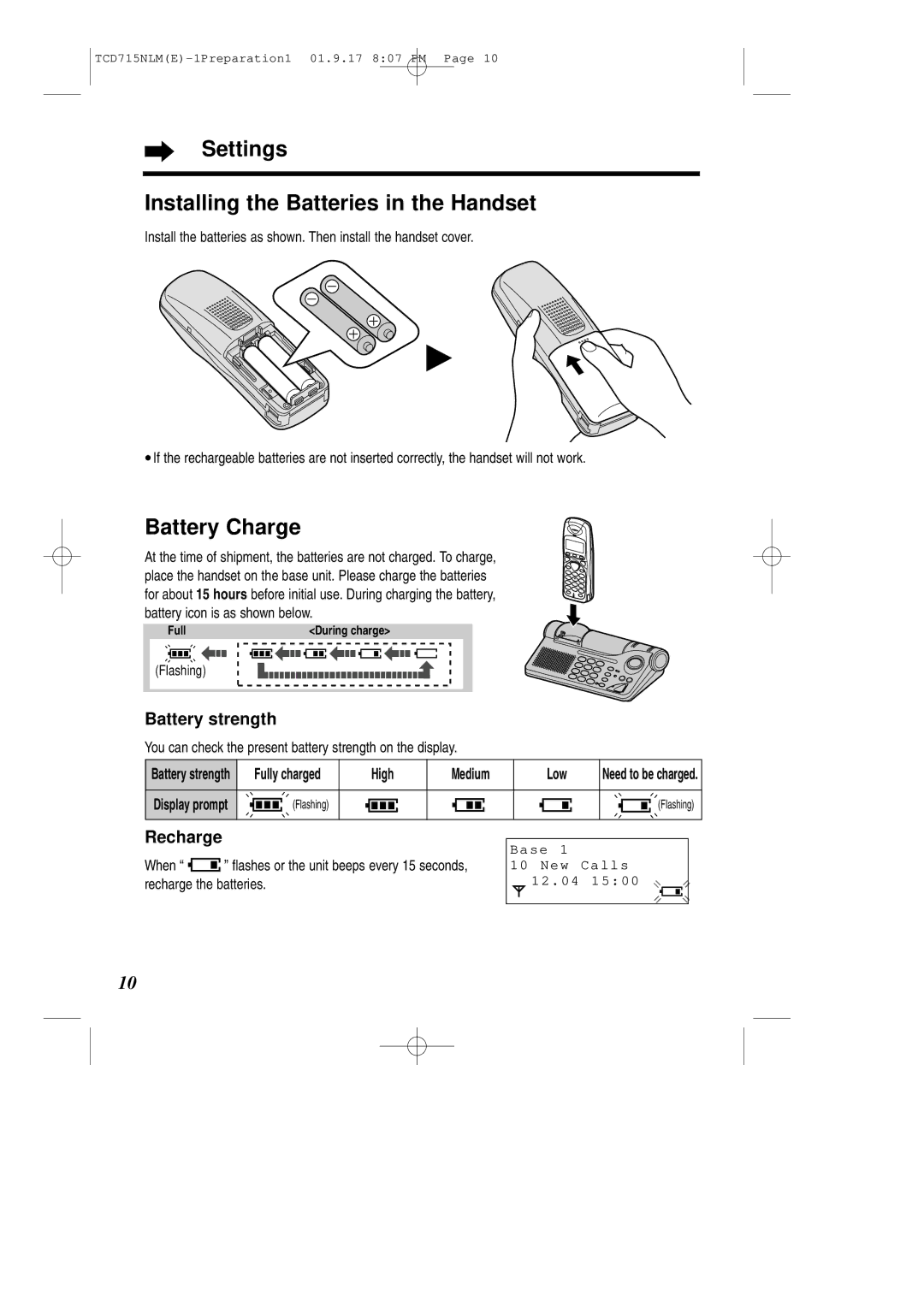 Panasonic KX-TCD715NLM operating instructions Settings Installing the Batteries in the Handset, Battery strength, Recharge 