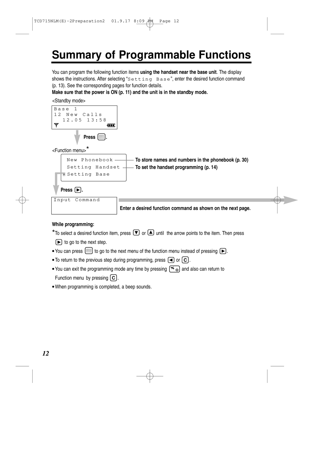 Panasonic KX-TCD715NLM Summary of Programmable Functions, Press, Function menu, To set the handset programming p 