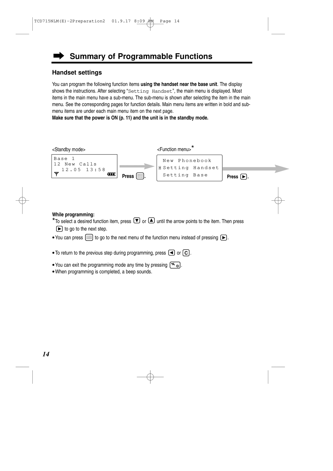 Panasonic KX-TCD715NLM Summary of Programmable Functions, Handset settings, Standby mode Function menu, While programming 