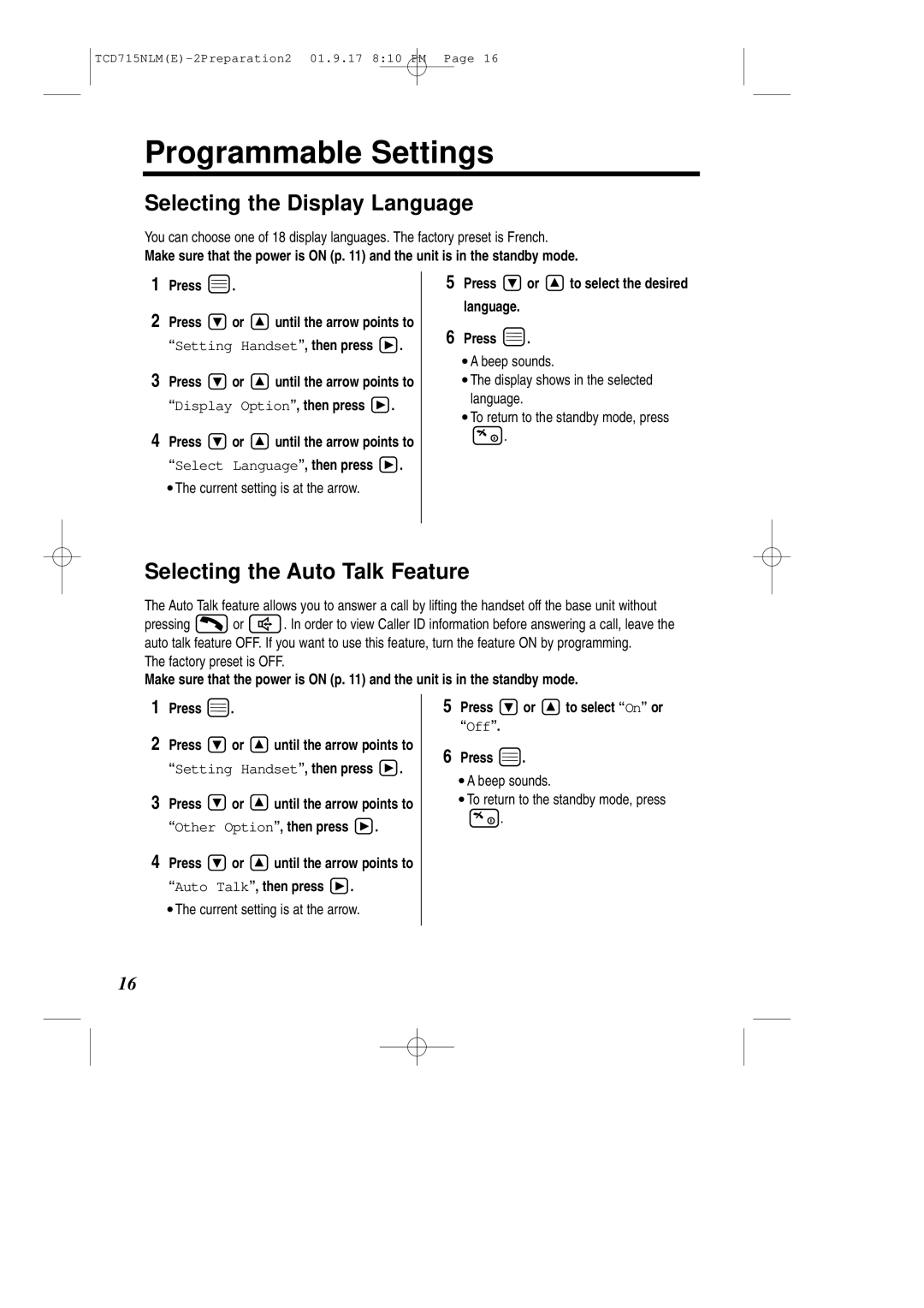 Panasonic KX-TCD715NLM Programmable Settings, Selecting the Display Language, Selecting the Auto Talk Feature 