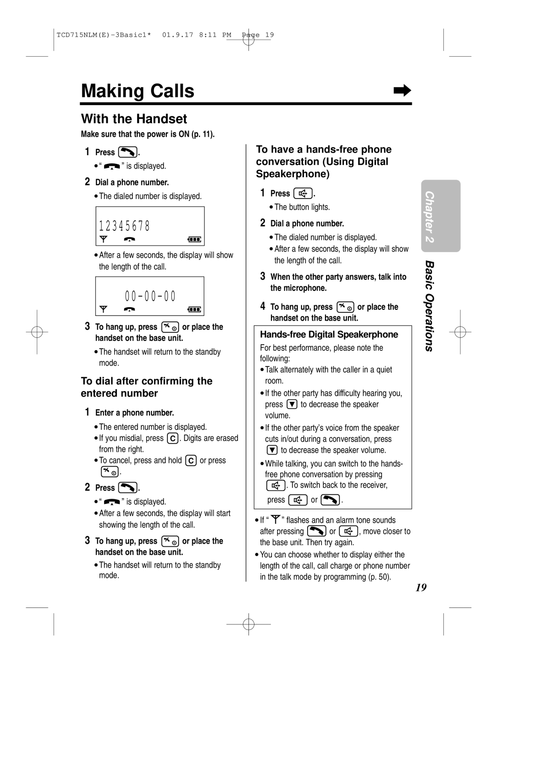 Panasonic KX-TCD715NLM operating instructions Making Calls, With the Handset, To dial after confirming the entered number 