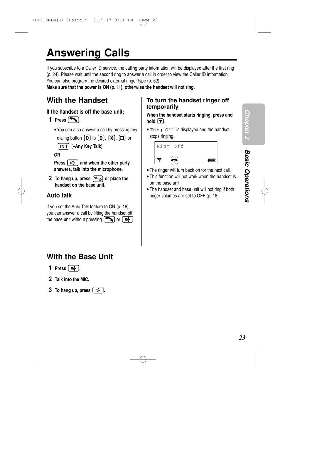 Panasonic KX-TCD715NLM Answering Calls, With the Base Unit, If the handset is off the base unit, Auto talk 