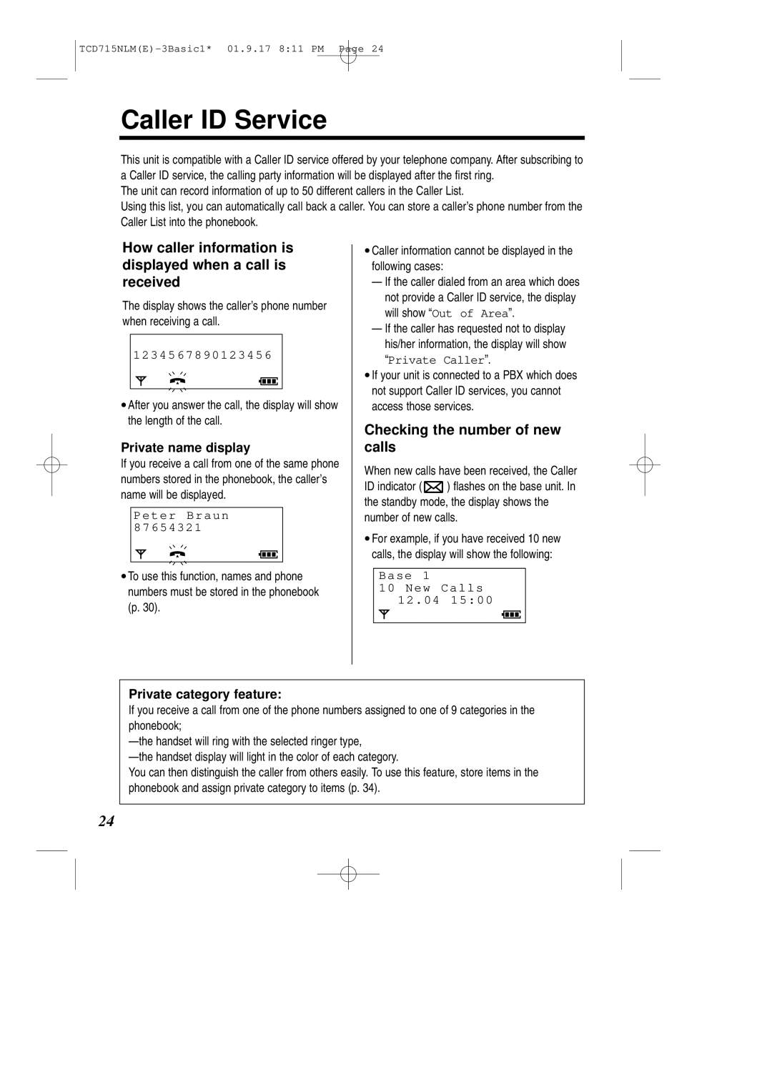 Panasonic KX-TCD715NLM Caller ID Service, How caller information is displayed when a call is received 