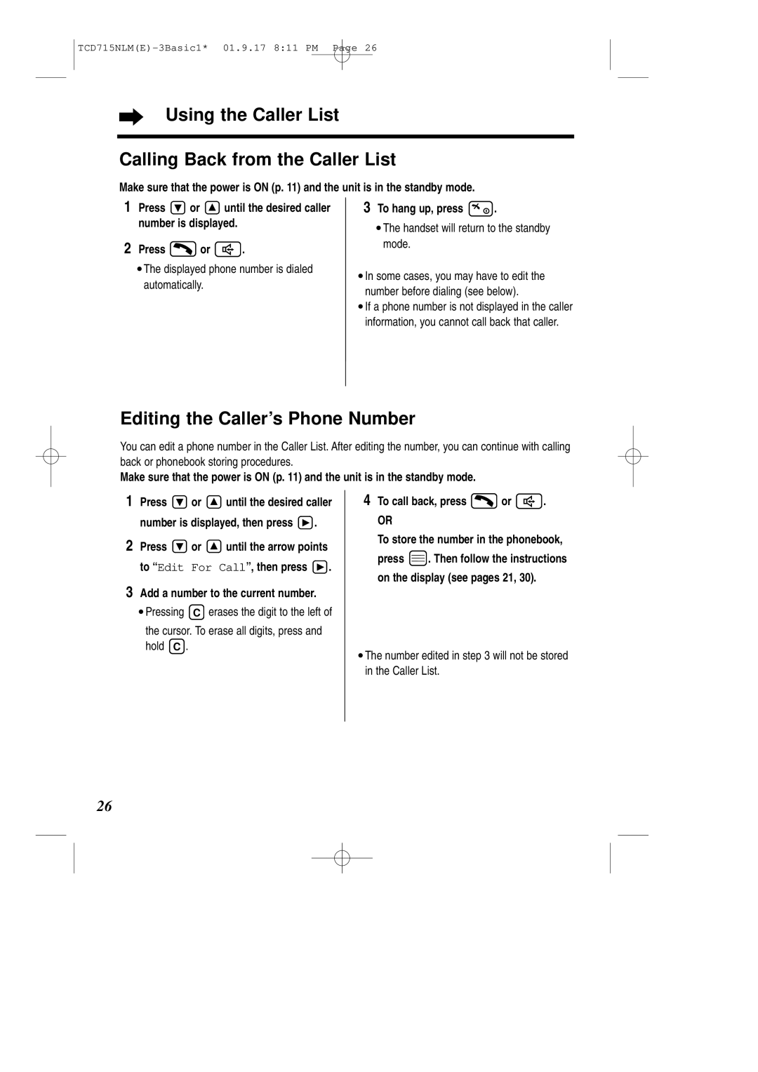 Panasonic KX-TCD715NLM Using the Caller List Calling Back from the Caller List, Editing the Caller’s Phone Number 