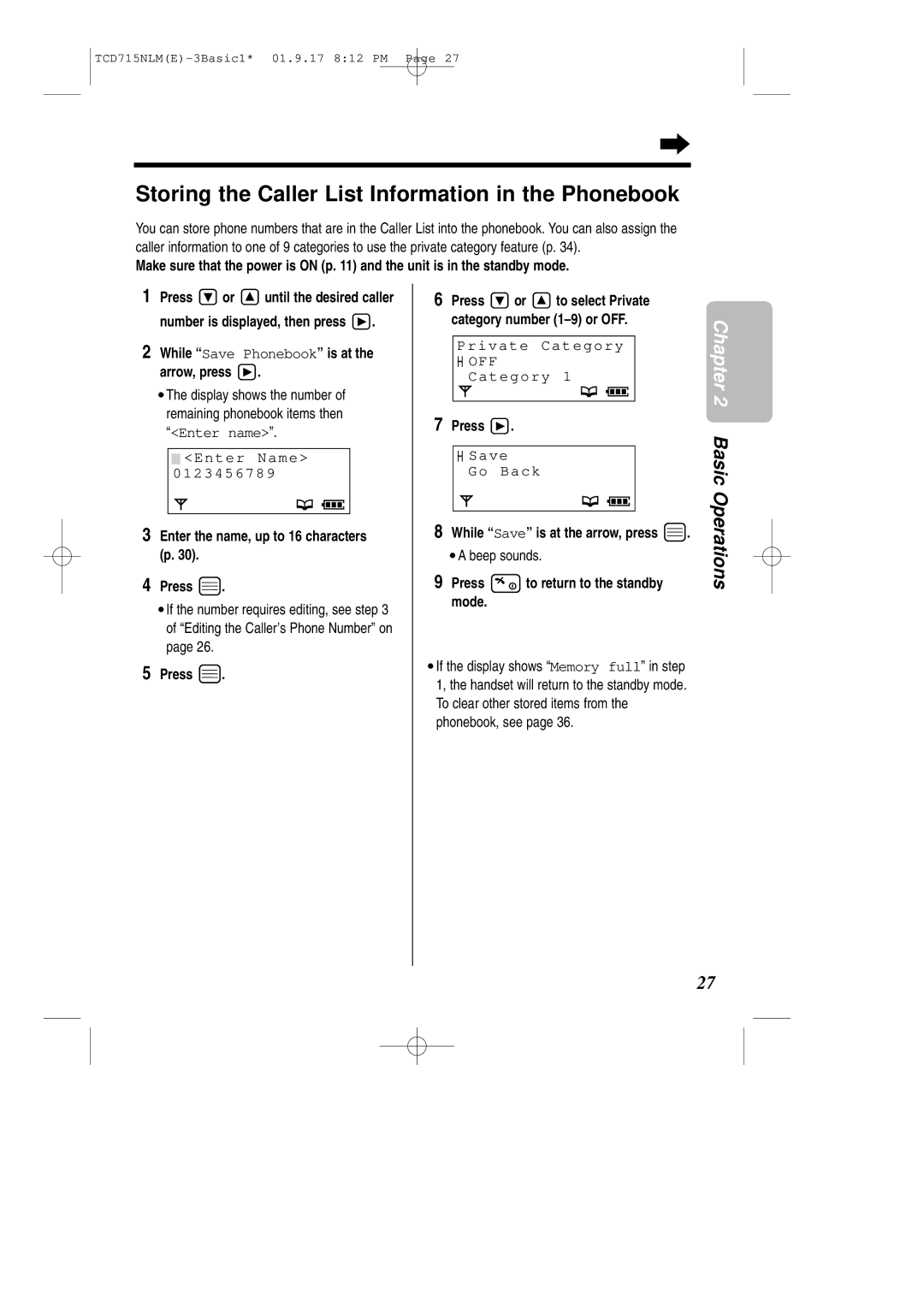 Panasonic KX-TCD715NLM Storing the Caller List Information in the Phonebook, Enter the name, up to 16 characters p Press 