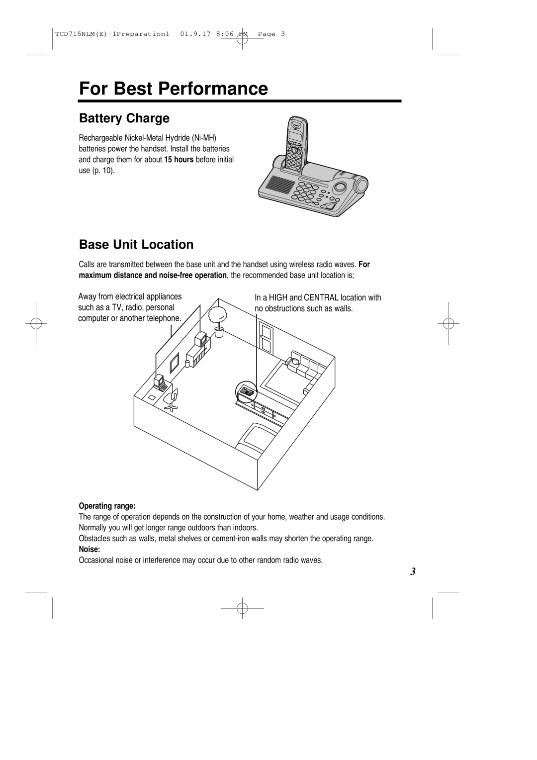 Panasonic KX-TCD715NLM For Best Performance, Battery Charge, Base Unit Location, Operating range, Noise 