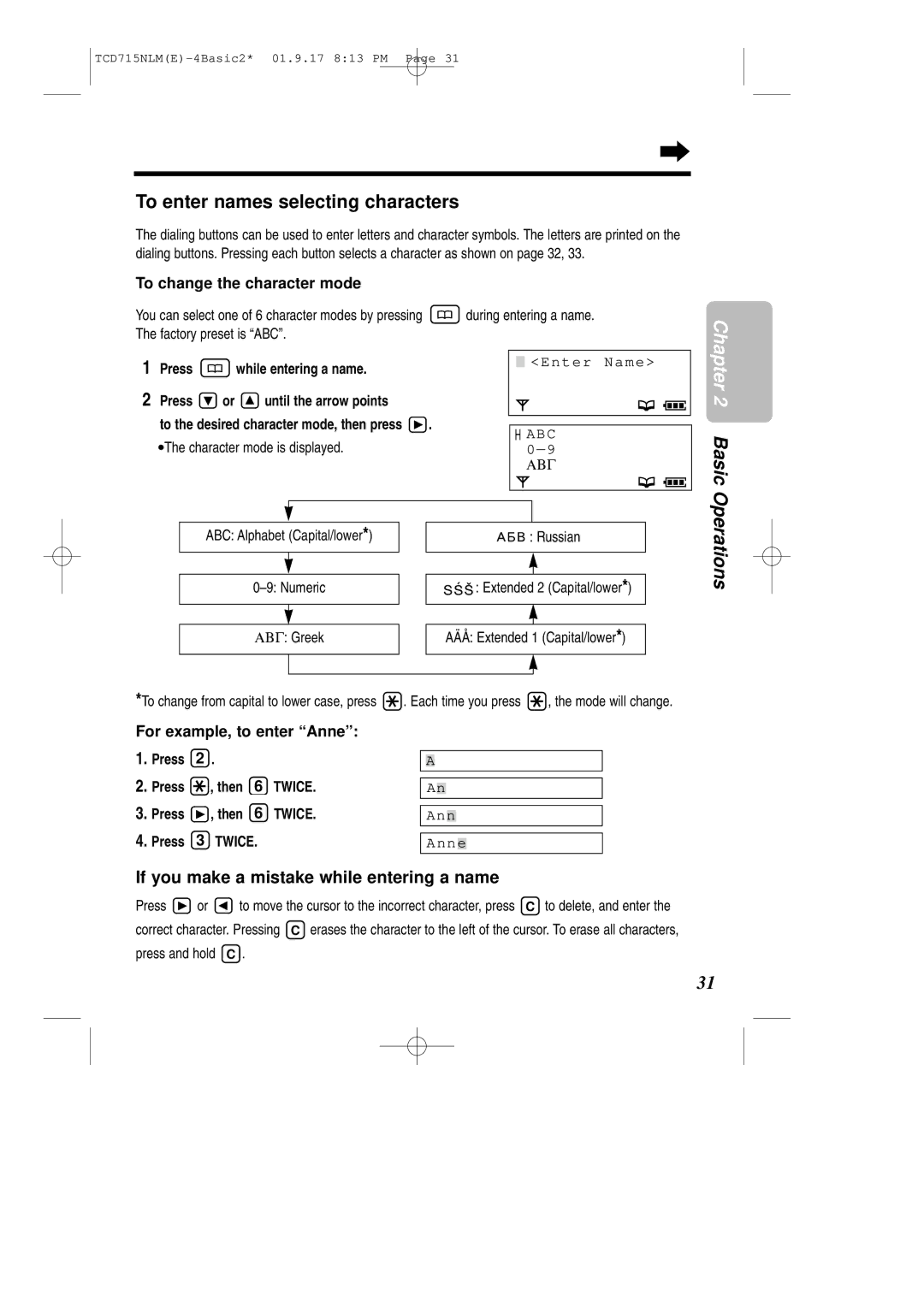 Panasonic KX-TCD715NLM To enter names selecting characters, If you make a mistake while entering a name 