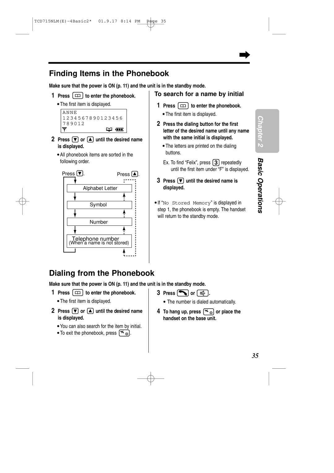 Panasonic KX-TCD715NLM Finding Items in the Phonebook, Dialing from the Phonebook, To search for a name by initial 