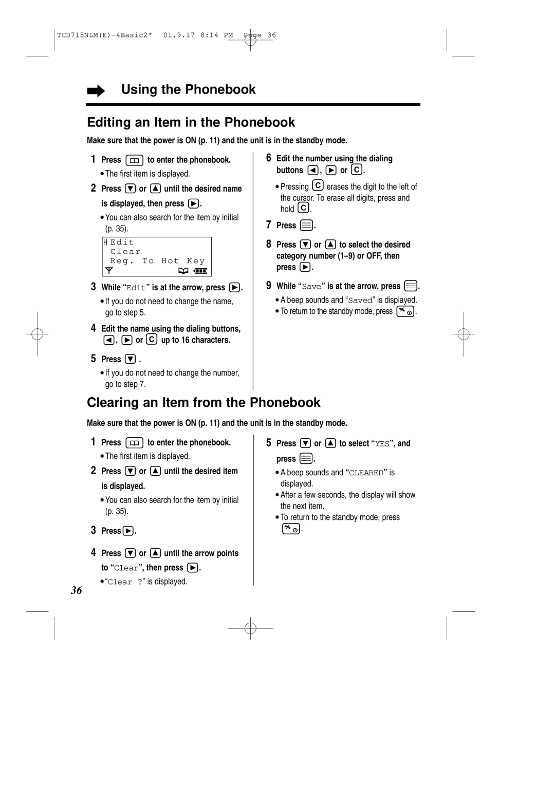 Panasonic KX-TCD715NLM Using the Phonebook Editing an Item in the Phonebook, Clearing an Item from the Phonebook 