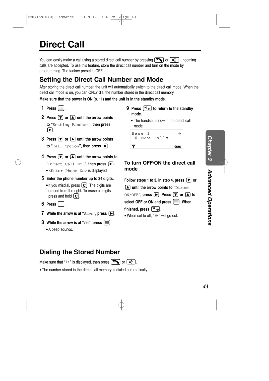 Panasonic KX-TCD715NLM operating instructions Setting the Direct Call Number and Mode, Dialing the Stored Number 