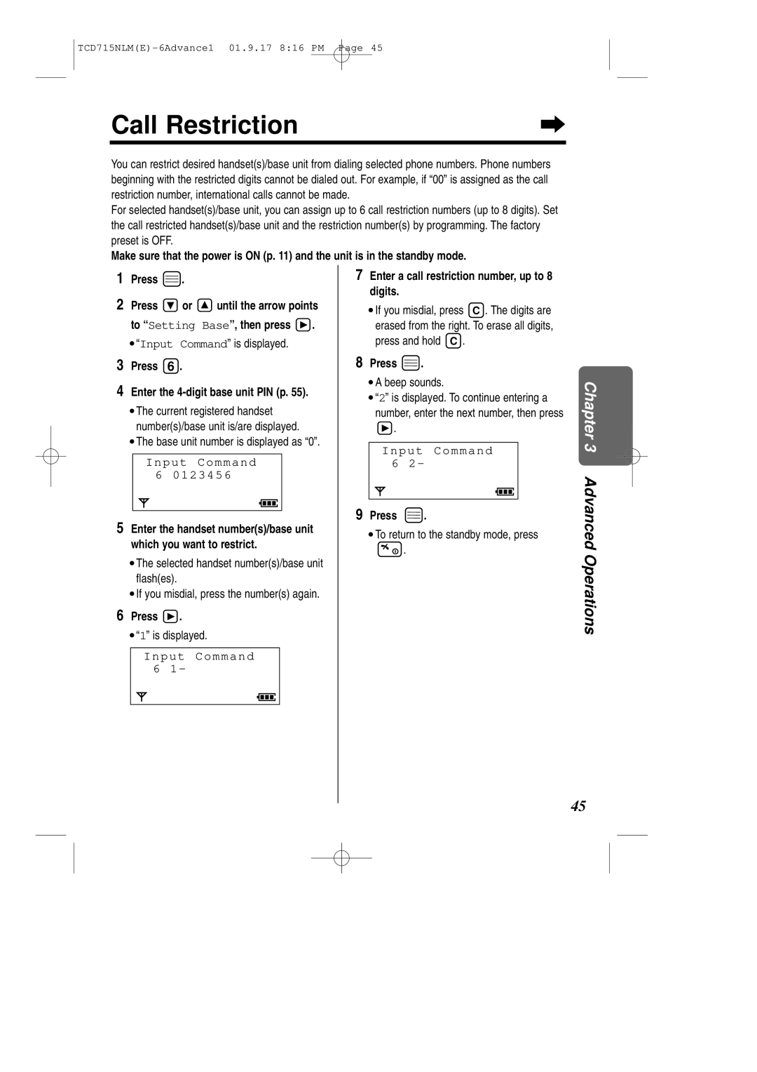 Panasonic KX-TCD715NLM operating instructions Call Restriction 