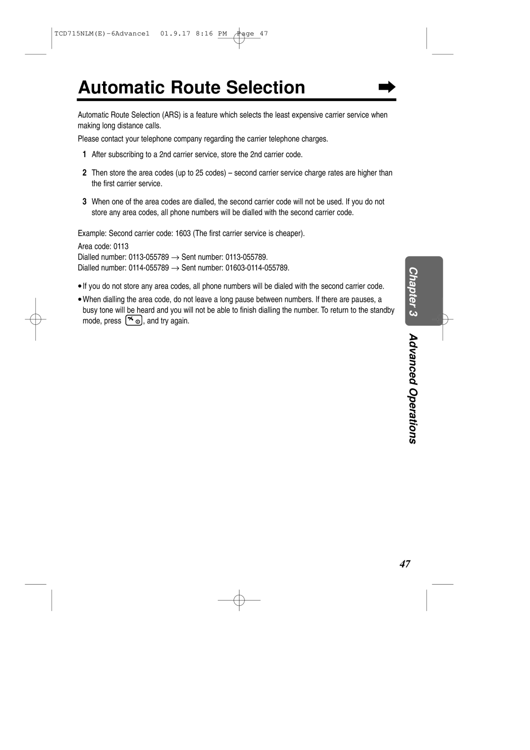 Panasonic KX-TCD715NLM operating instructions Automatic Route Selection, Mode, press , and try again 