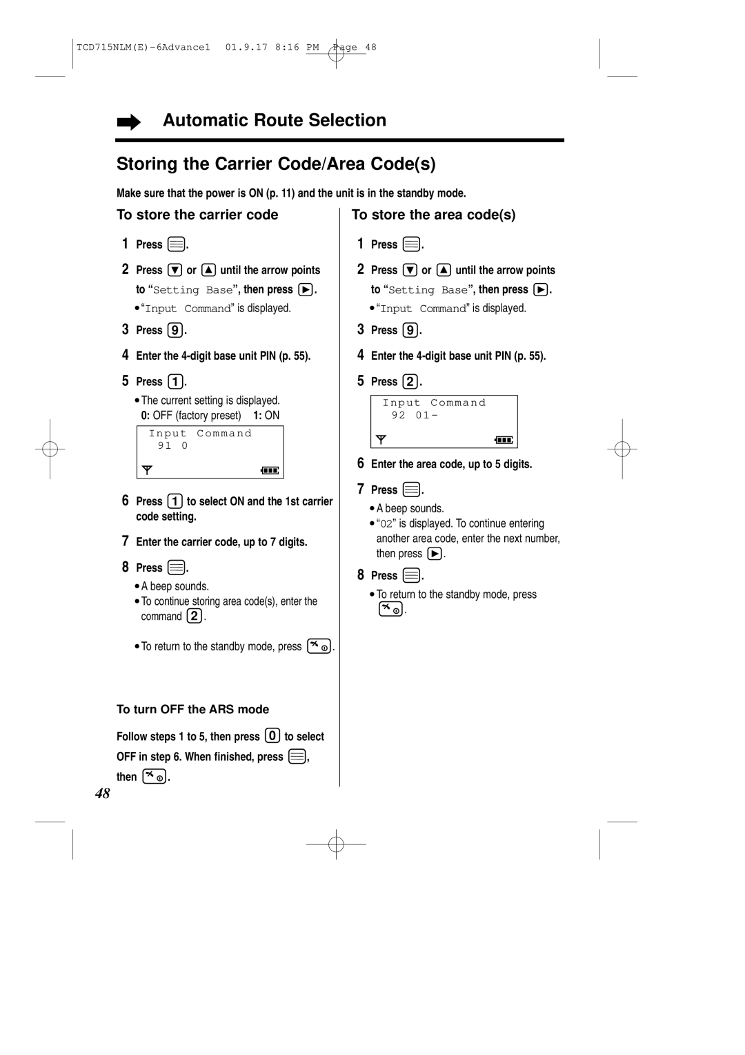 Panasonic KX-TCD715NLM operating instructions To store the carrier code, To store the area codes 