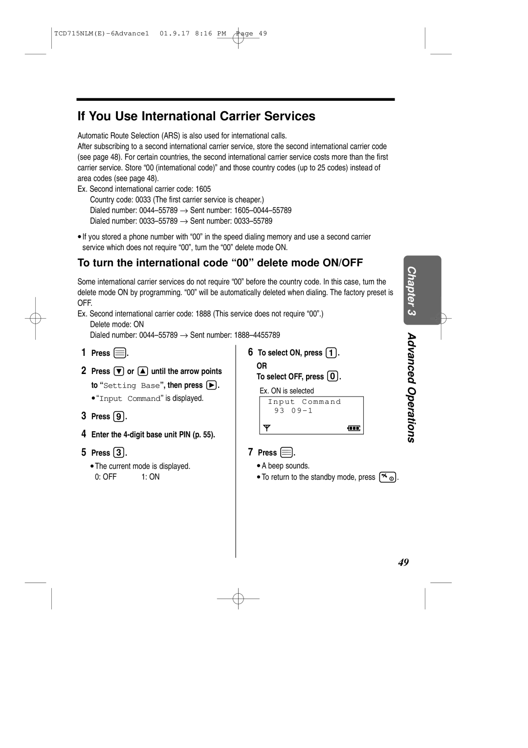 Panasonic KX-TCD715NLM If You Use International Carrier Services, To turn the international code 00 delete mode ON/OFF 