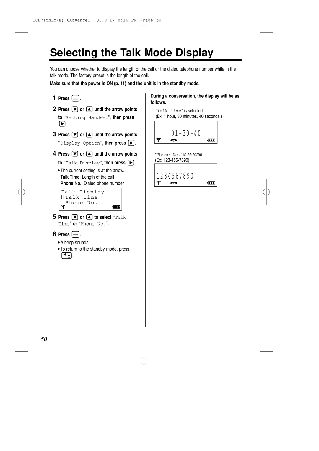 Panasonic KX-TCD715NLM operating instructions Selecting the Talk Mode Display, Talk Display Talk Time Phone No 