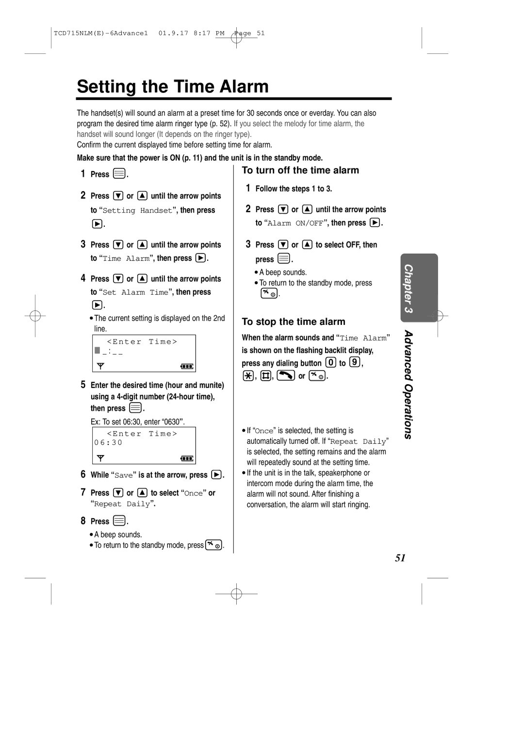 Panasonic KX-TCD715NLM operating instructions Setting the Time Alarm, To turn off the time alarm, To stop the time alarm 