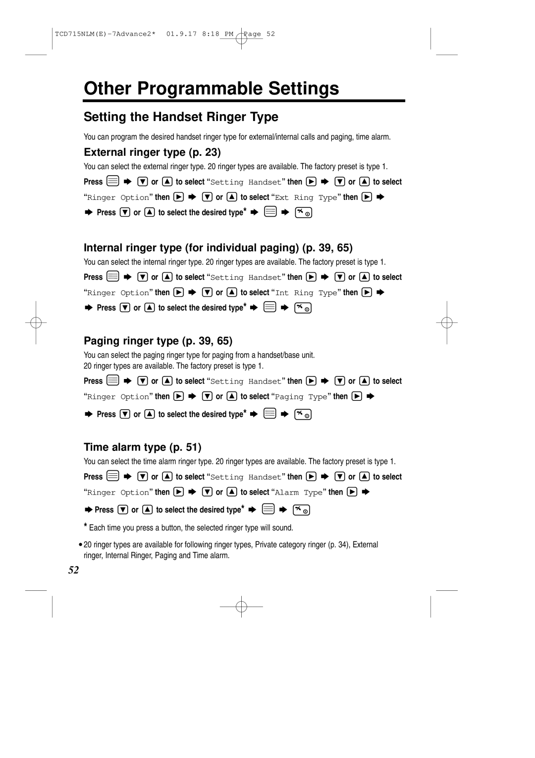 Panasonic KX-TCD715NLM operating instructions Other Programmable Settings, Setting the Handset Ringer Type 