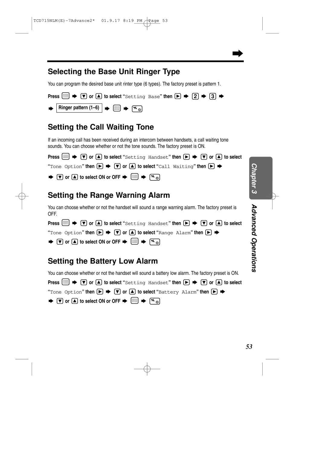 Panasonic KX-TCD715NLM Selecting the Base Unit Ringer Type, Setting the Call Waiting Tone, Setting the Range Warning Alarm 