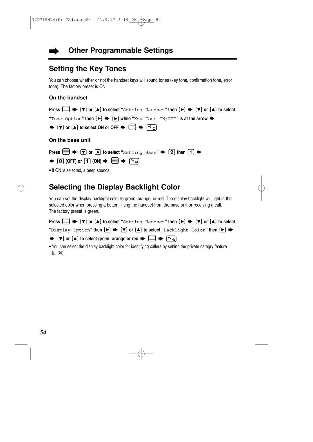 Panasonic KX-TCD715NLM Other Programmable Settings Setting the Key Tones, Selecting the Display Backlight Color 