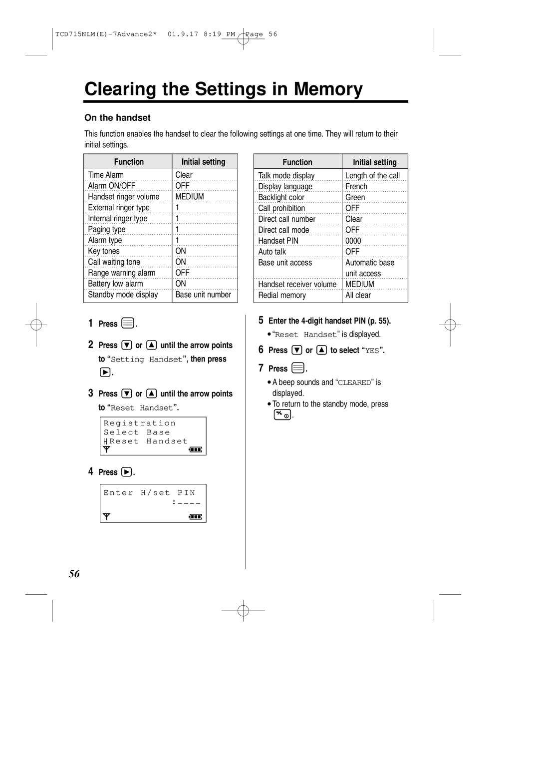 Panasonic KX-TCD715NLM Clearing the Settings in Memory, On the handset, Function Initial setting, Press or to select YES 