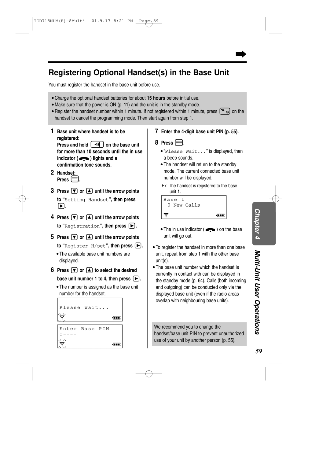 Panasonic KX-TCD715NLM Registering Optional Handsets in the Base Unit, Base unit where handset is to be Registered 