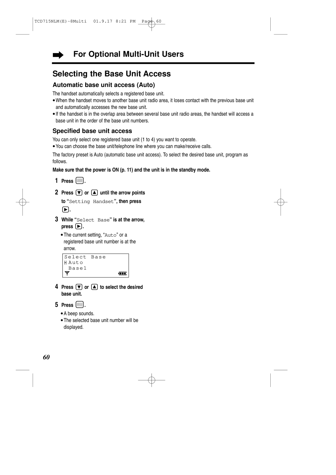 Panasonic KX-TCD715NLM Automatic base unit access Auto, Specified base unit access, Select Base H Auto Base1 