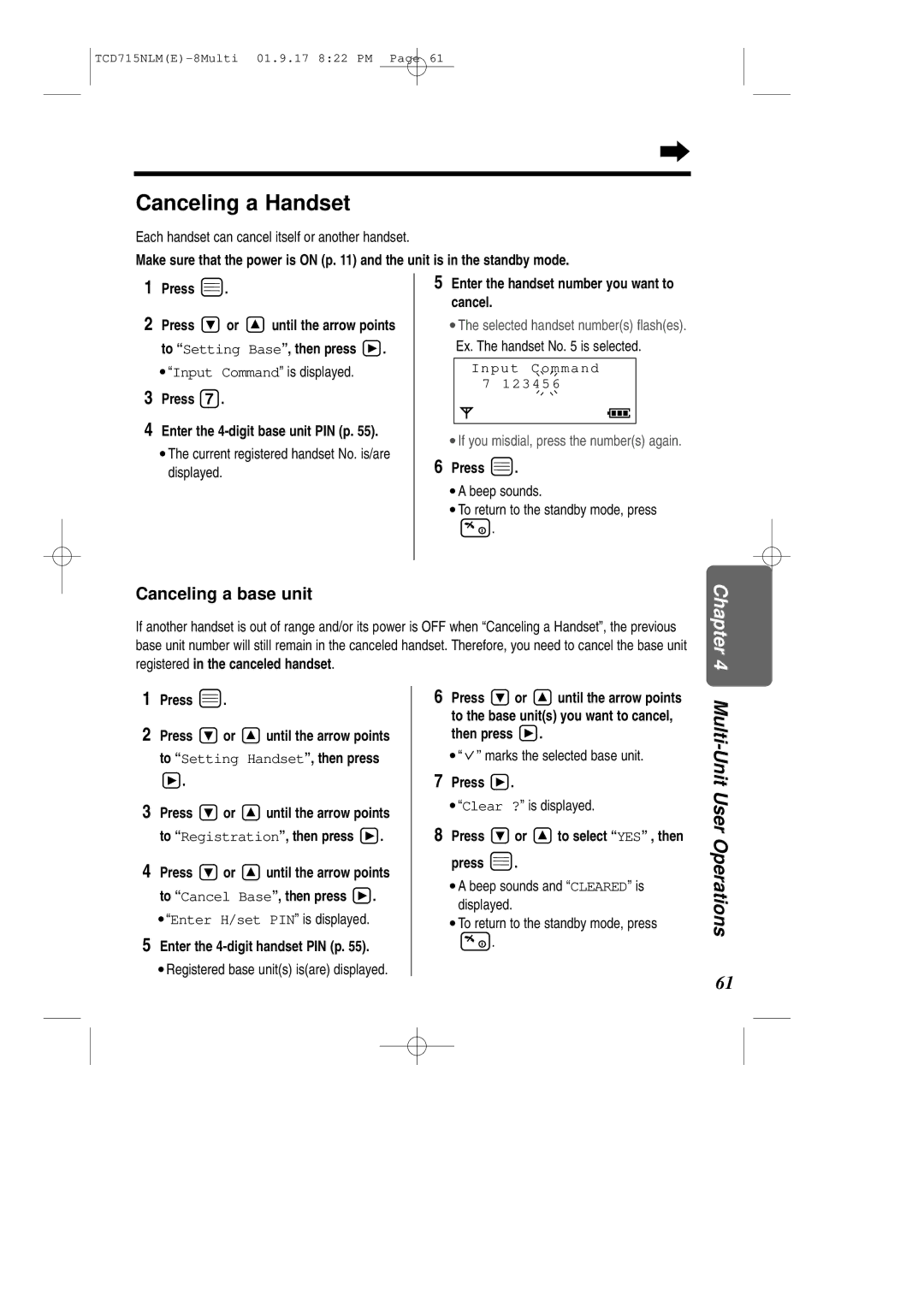 Panasonic KX-TCD715NLM operating instructions Canceling a Handset, Canceling a base unit, Press Displayed Beep sounds 