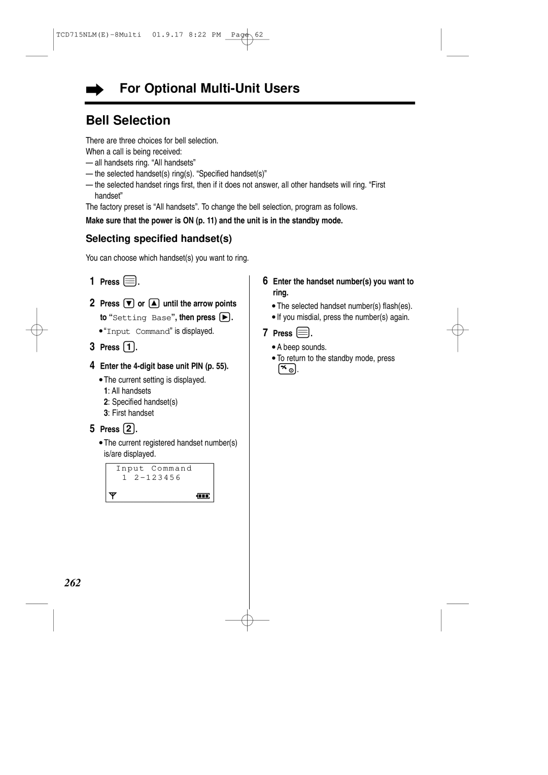 Panasonic KX-TCD715NLM operating instructions For Optional Multi-Unit Users Bell Selection, Selecting specified handsets 