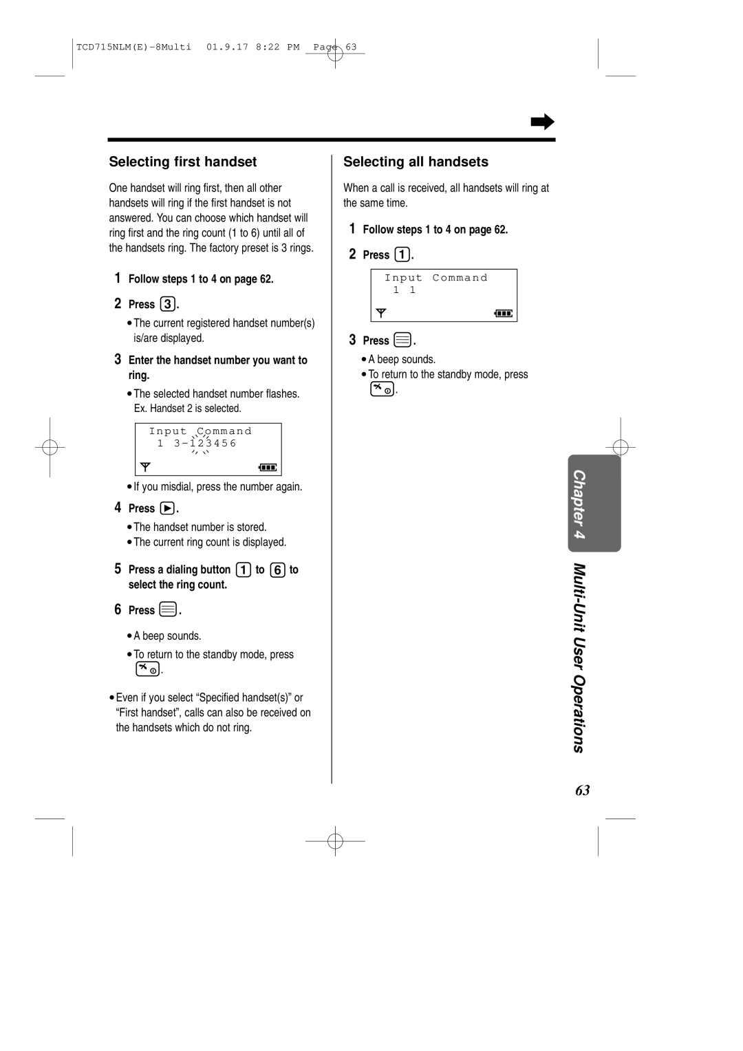 Panasonic KX-TCD715NLM operating instructions Selecting first handset, Selecting all handsets, Follow steps 1 to 4 on Press 