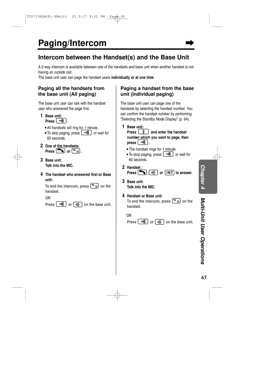 Panasonic KX-TCD715NLM operating instructions Paging/Intercom, Intercom between the Handsets and the Base Unit 