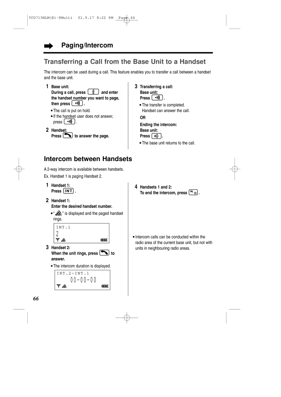 Panasonic KX-TCD715NLM operating instructions Paging/Intercom, Intercom between Handsets 