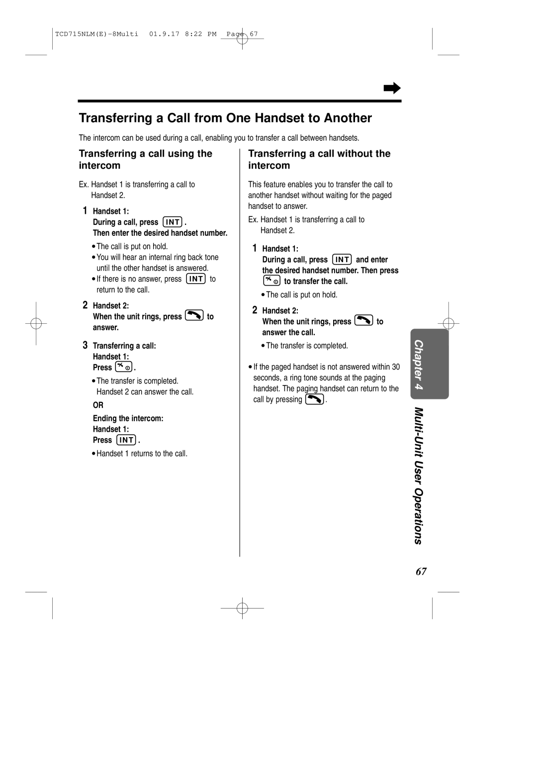 Panasonic KX-TCD715NLM Transferring a Call from One Handset to Another, Transferring a call using the intercom 