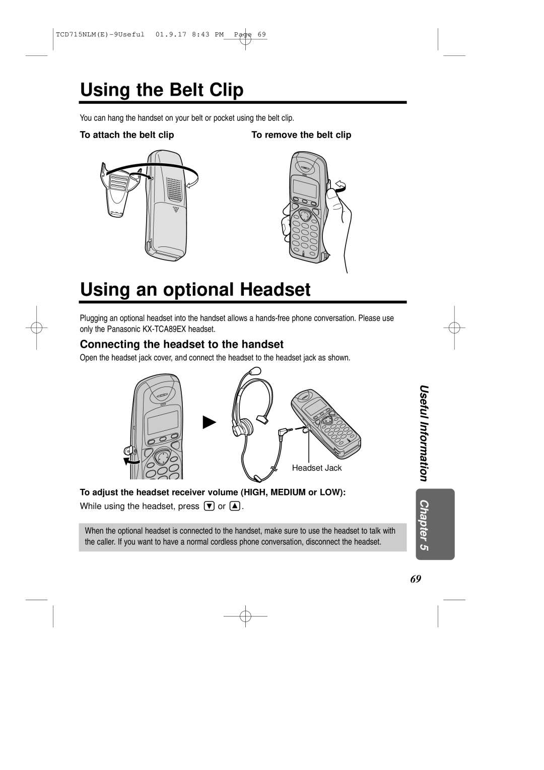 Panasonic KX-TCD715NLM Using the Belt Clip, Using an optional Headset, Connecting the headset to the handset 