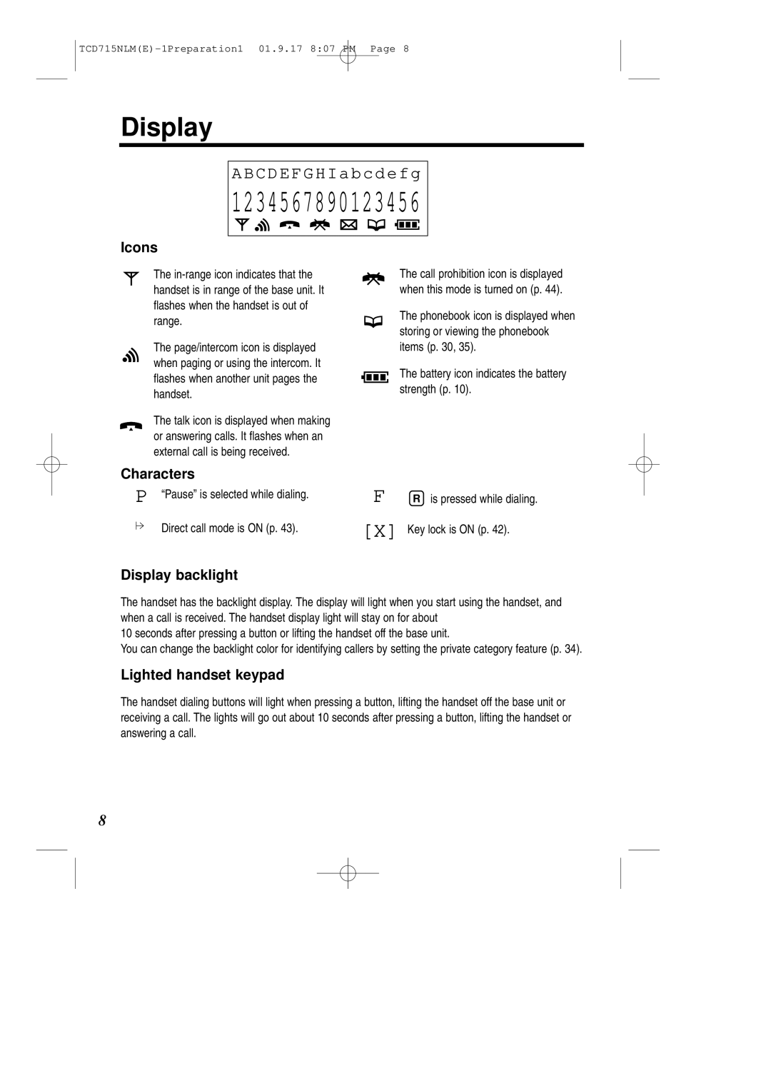 Panasonic KX-TCD715NLM operating instructions Icons, Characters, Display backlight, Lighted handset keypad 