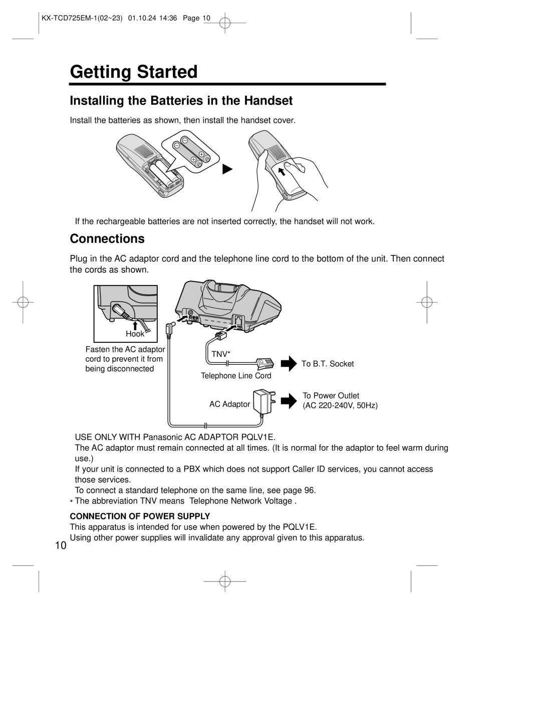 Panasonic kx-tcd725em operating instructions Getting Started, Installing the Batteries in the Handset, Connections 