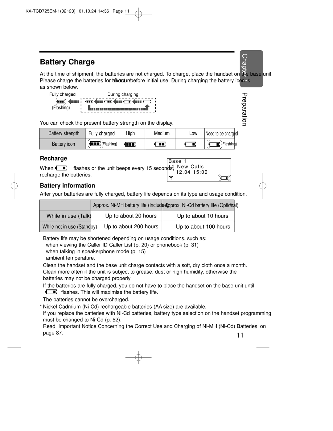 Panasonic kx-tcd725em operating instructions Battery Charge, Battery information, Medium 