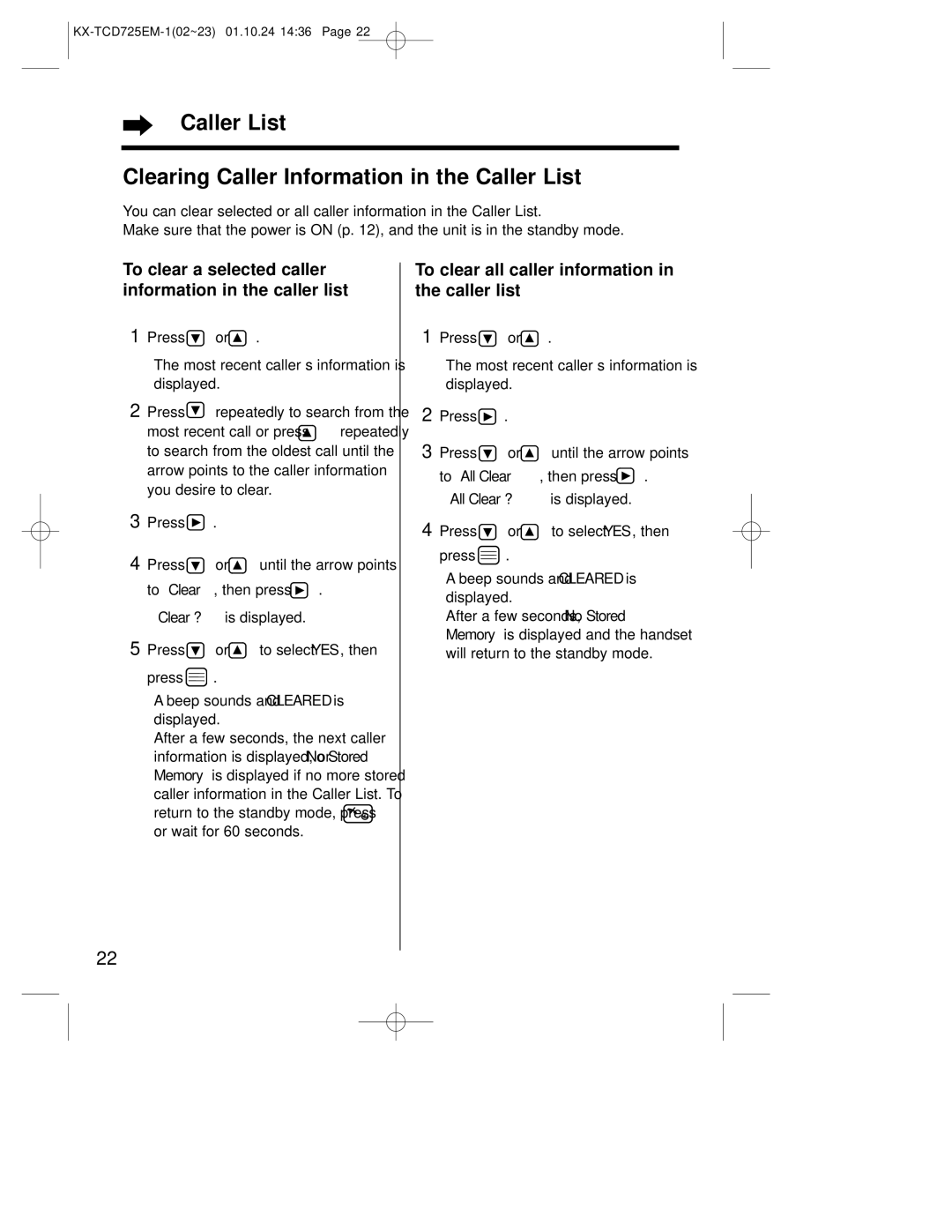 Panasonic kx-tcd725em operating instructions Caller List Clearing Caller Information in the Caller List 